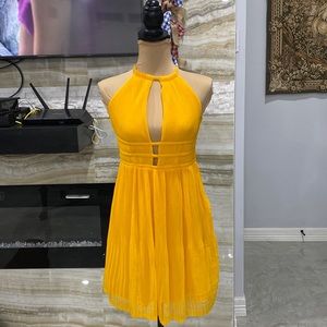 Marigold sleeveless pleated mini dress. Zipper on side. Buttons back of the neck